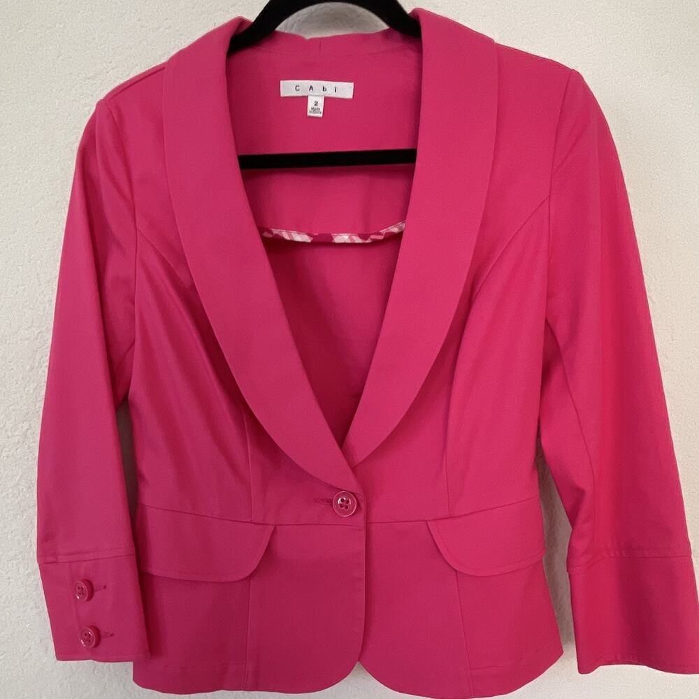 CAbi Hot Pink Single-Button Short Collared Blazer Jacket w/ Pockets 3/4 Sleeve 2